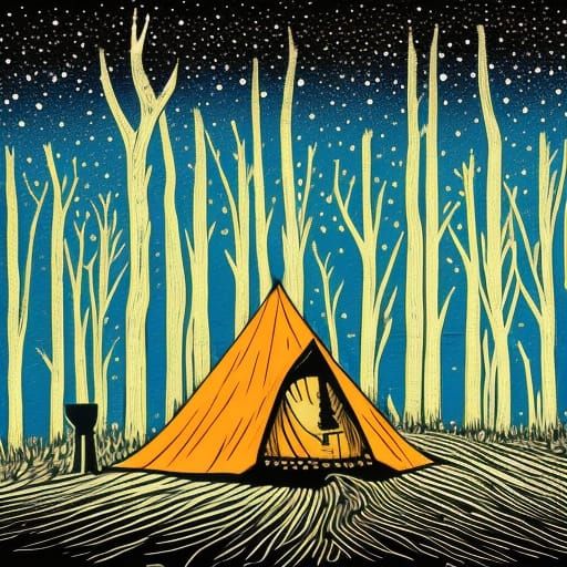 Night Forest Tent in Folk Art Linocut Style