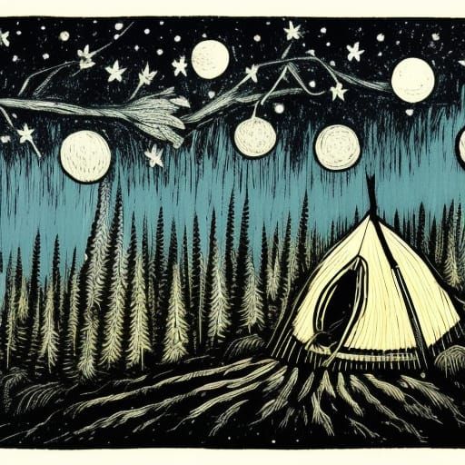 Night Forest Tent in Folk Art Linocut Style