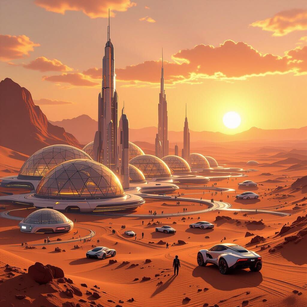Vibrant Mars City at Sunset Digital Matte Painting