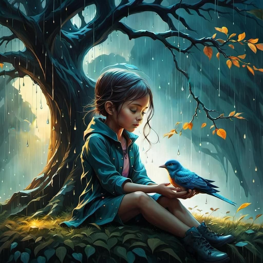 Girl with Bird in Rainy Fairytale Art