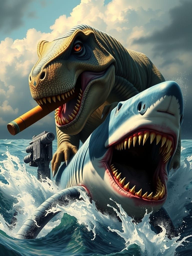T-Rex Smokes Cigar on Angry Shark in Hyperrealistic Splash A...