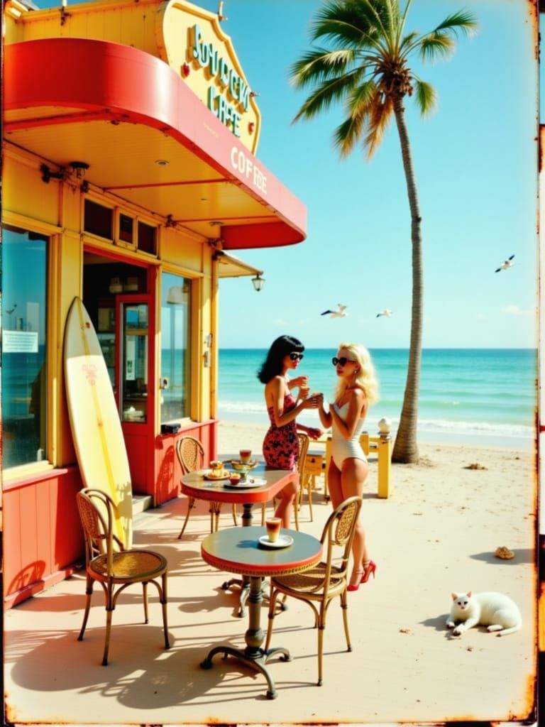 Retro Beach Cafe with Surfie Women in Golden Hour Light