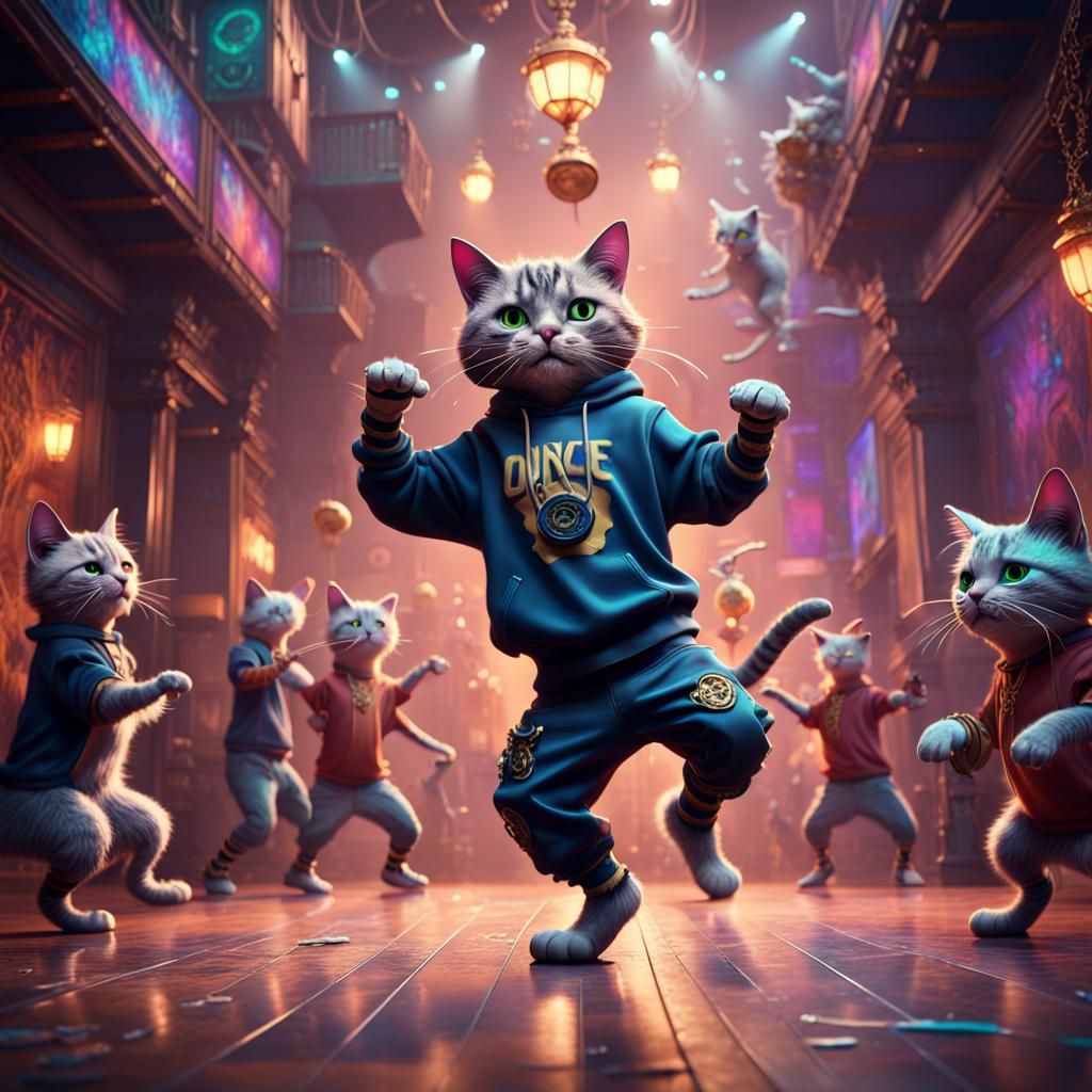 Hip Hop Cat Dancing in Detailed Matte Painting