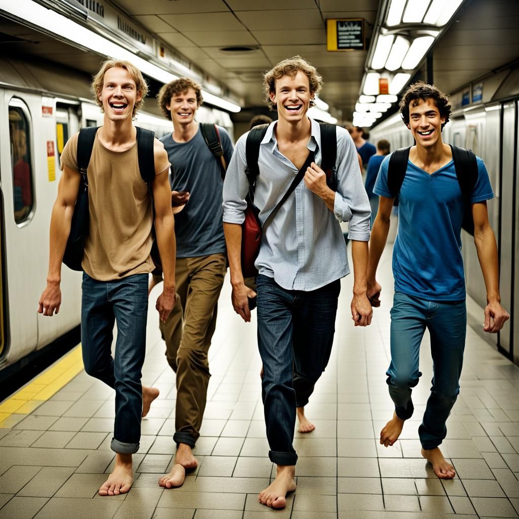 College Students Barefoot in Subway: Portrait Photography