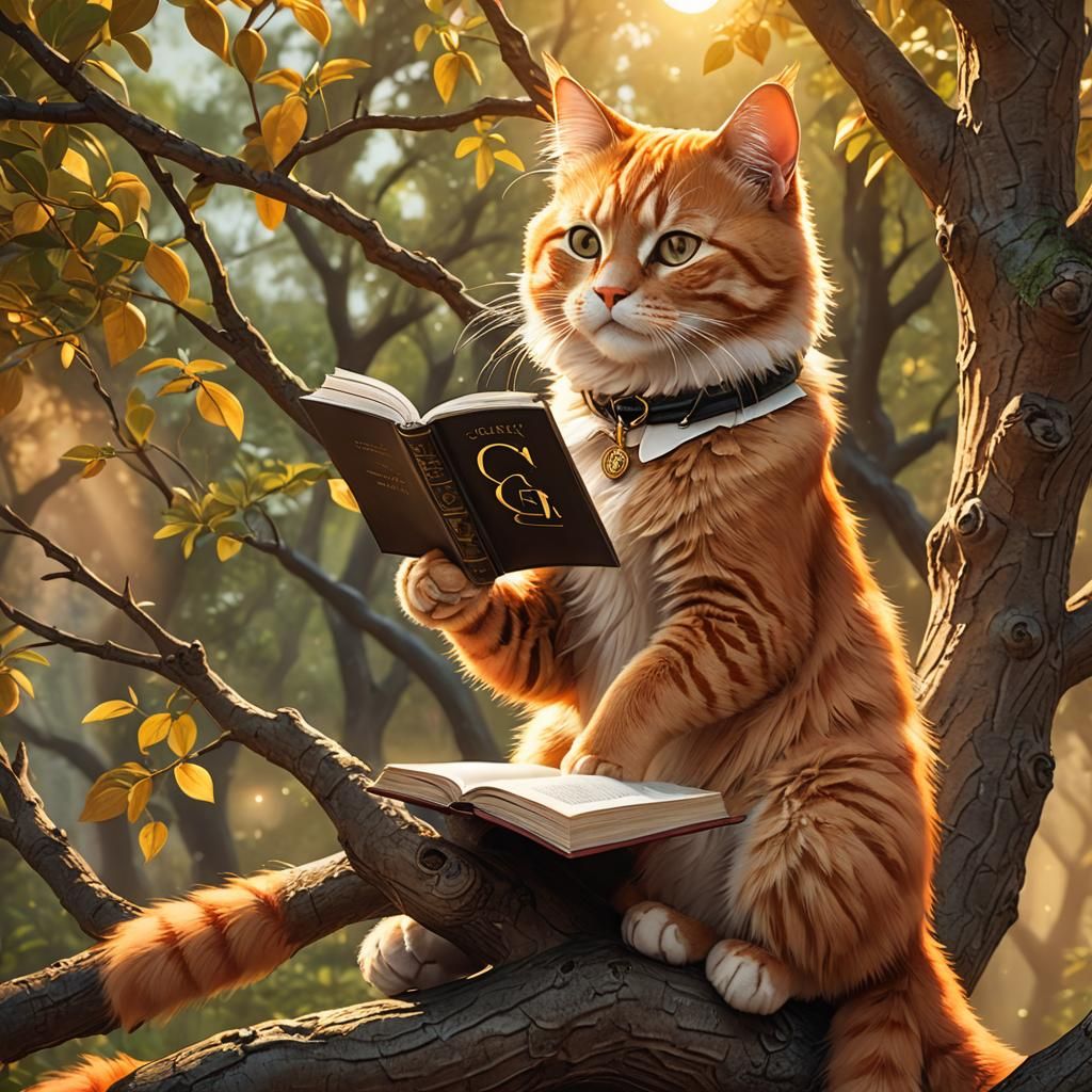 Orange Cat Reading Book in a Tree