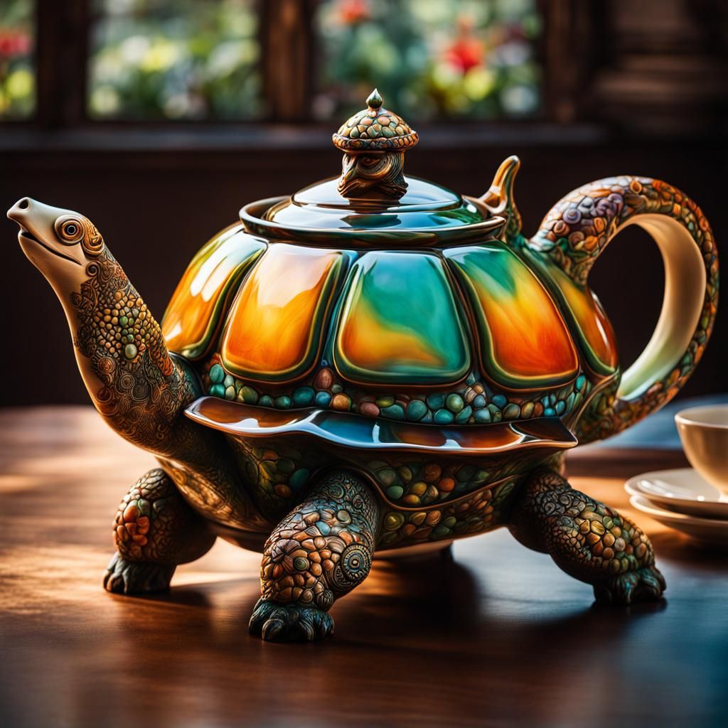 Colorful Turtle Teapot in a Dining Room