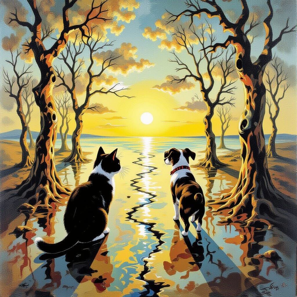 Surreal Cat and Dog Amidst Melting Trees in Dali Style