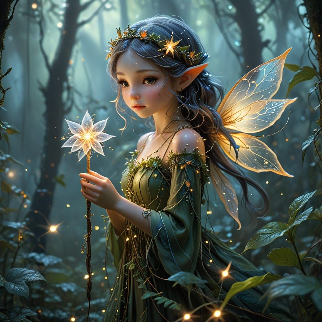 Pixie with Starflower Wand in Watercolor Style