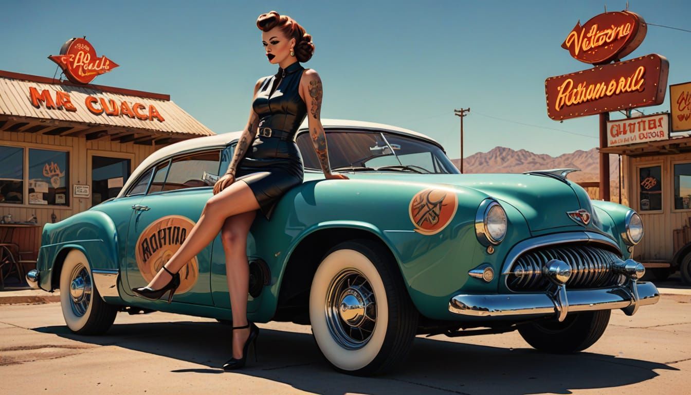 Mid-Century Pin-Up Girl Leans Against Rusted Rat Rod in Dese...