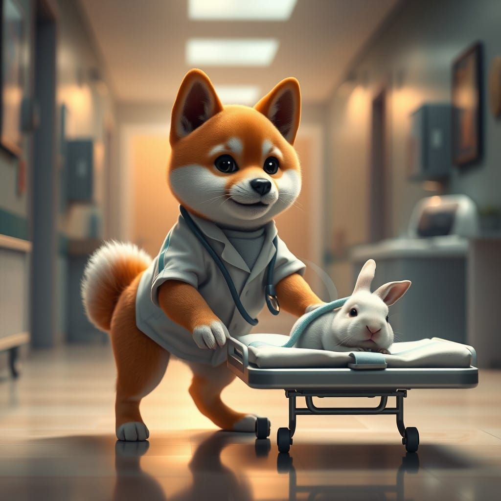 Shiba Puppy Doctor Tending to a Sick Rabbit in a Fantastical...