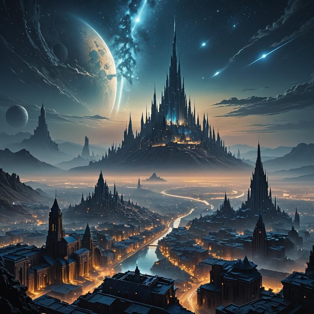 Futuristic Landscape with Alien City at Night