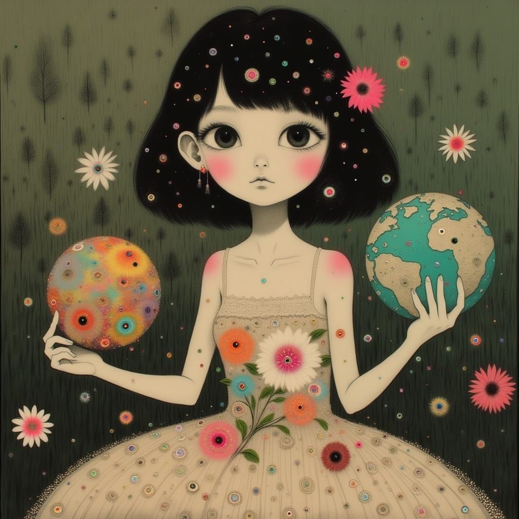 Whimsical Girl Surrounded by Vintage Globe and Greenery in M...