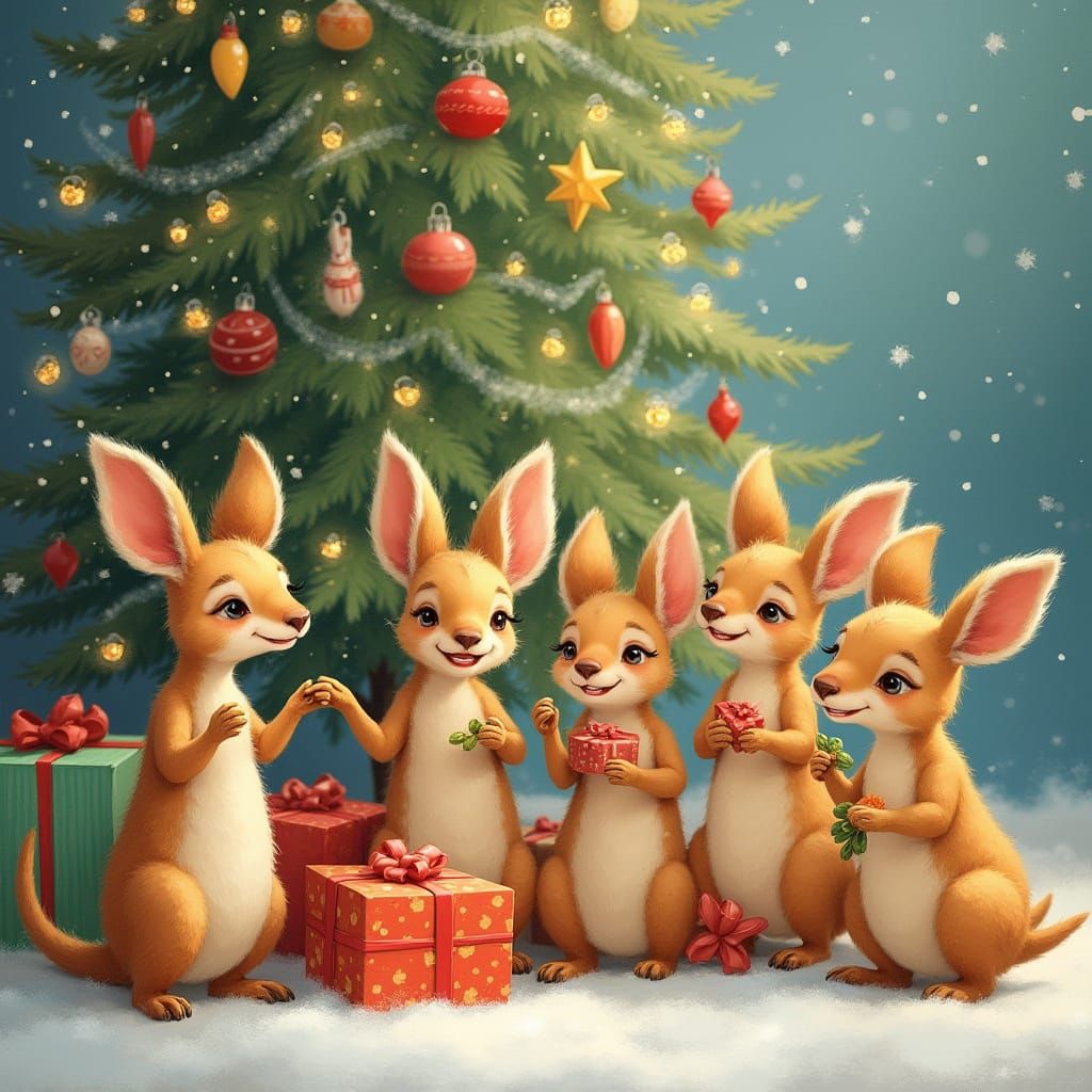 Whimsical Christmas Joy: Soft Pastel Kangaroo Illustration