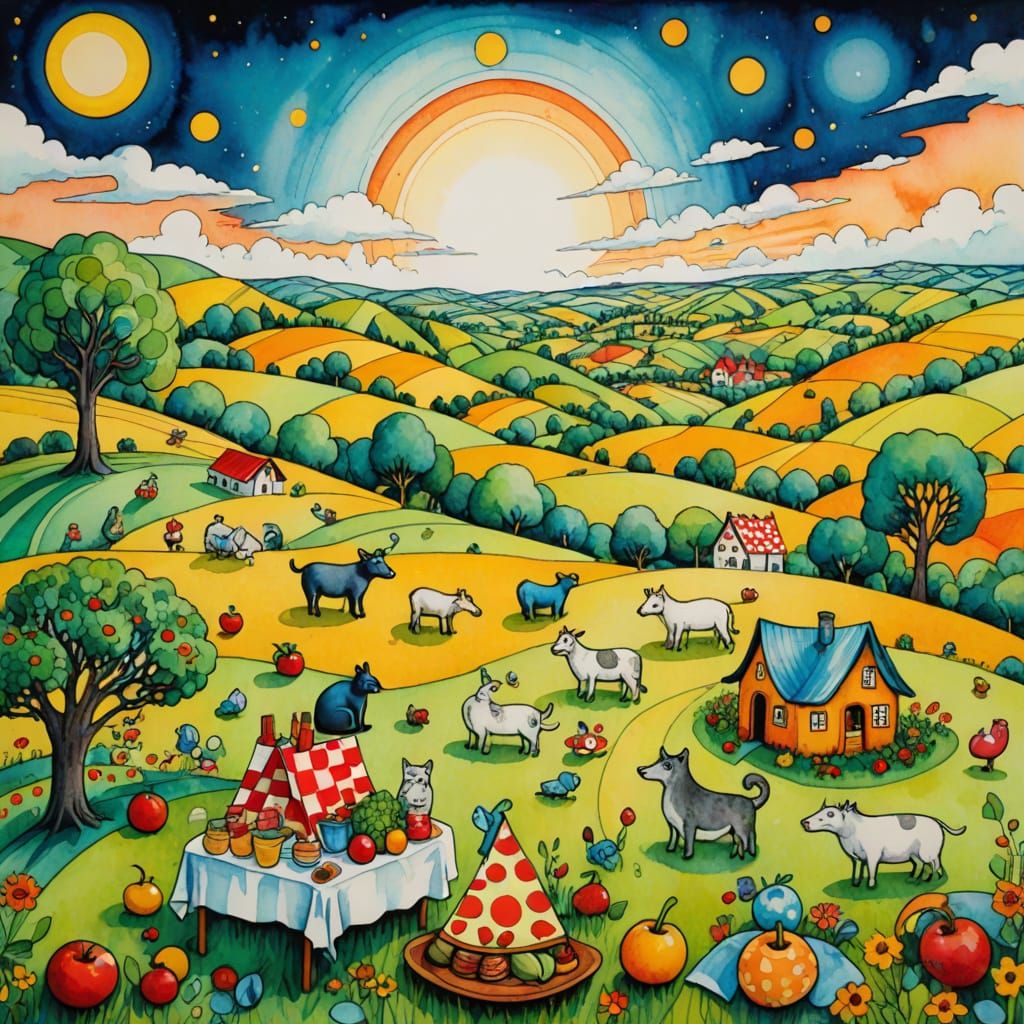 Animals' Surreal Picnic in Hundertwasser Style