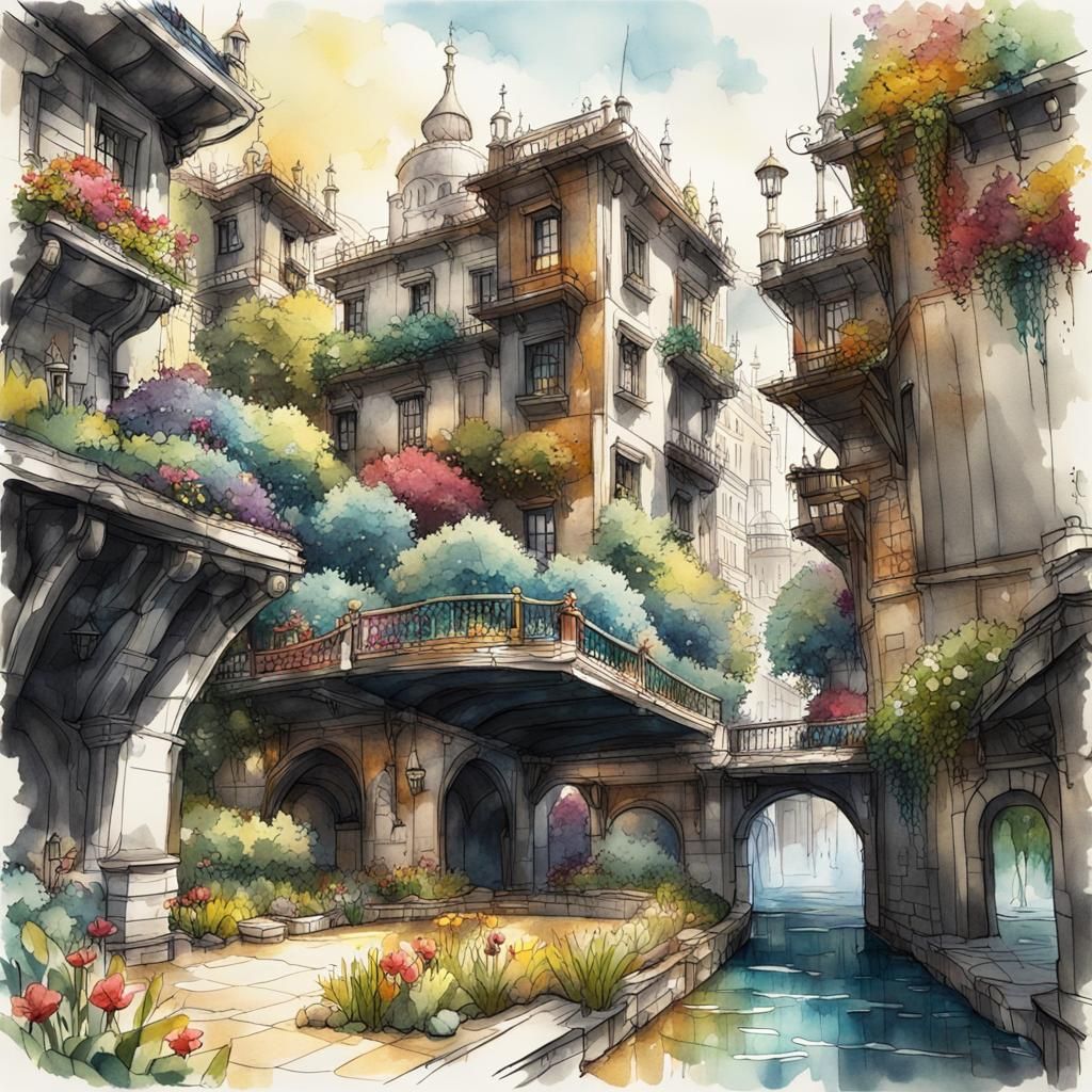 Colorful Watercolor Urban Garden and Water Park