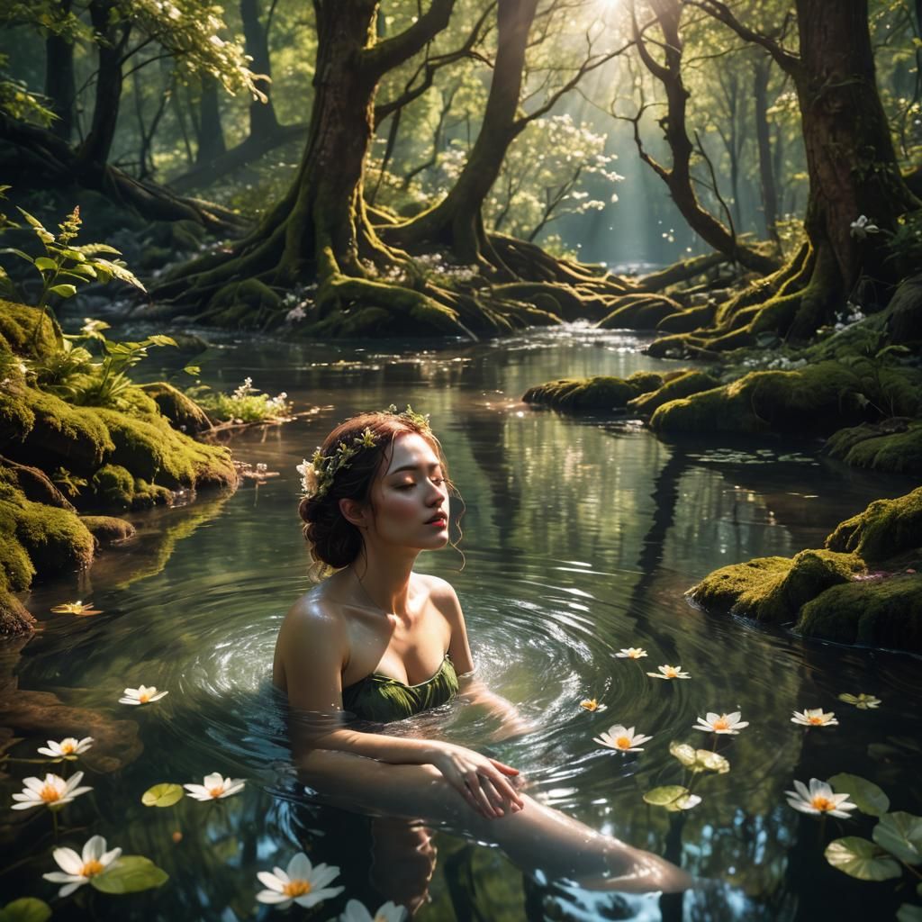 Forest Nymph in Sunlit Pool: Hyperrealistic Fantasy
