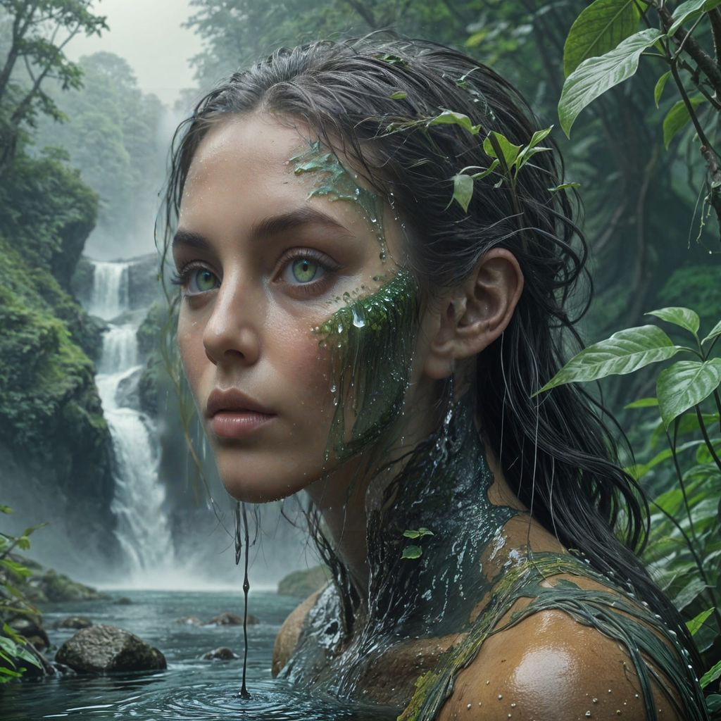 Surreal Waterfall Goddess in Futuristic Harmony