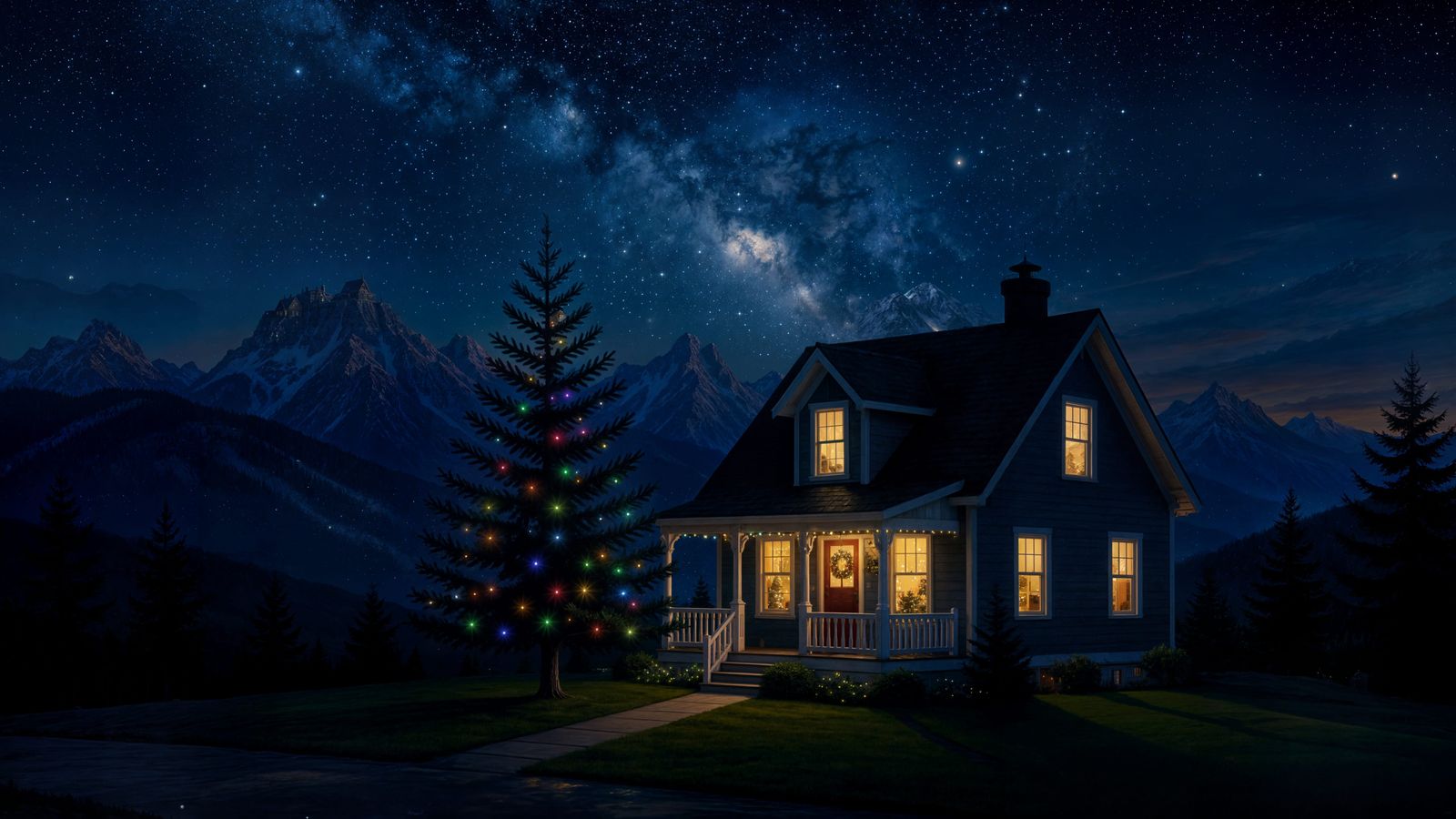 Cozy Christmas Cottage Under Rainbow Lights and Starry Sky