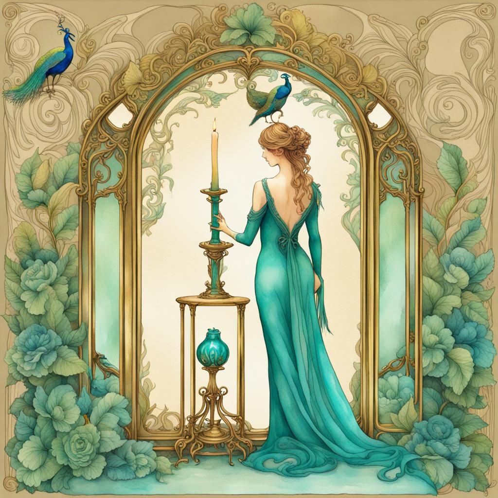 Art Nouveau Woman with Candle and Floral Arch