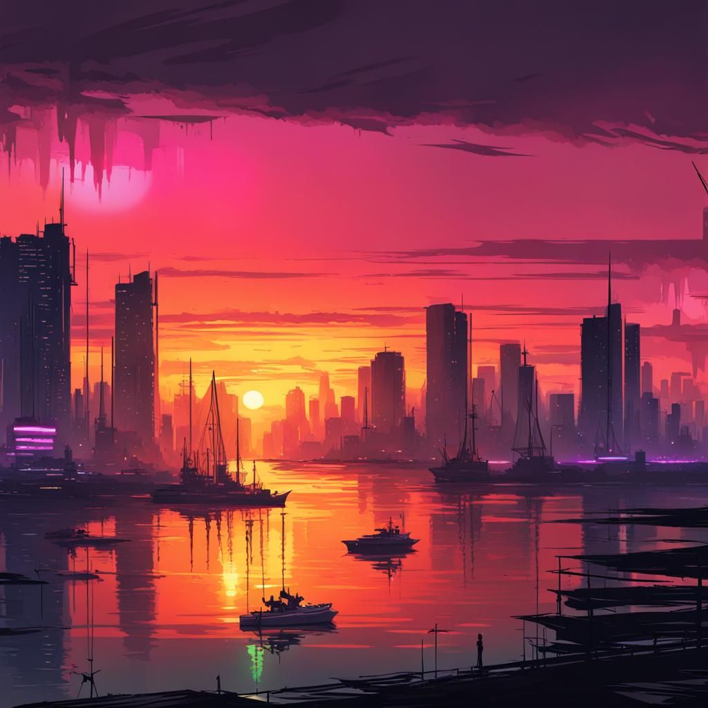 Cyberpunk Sunset Over the Bay: Digital Art