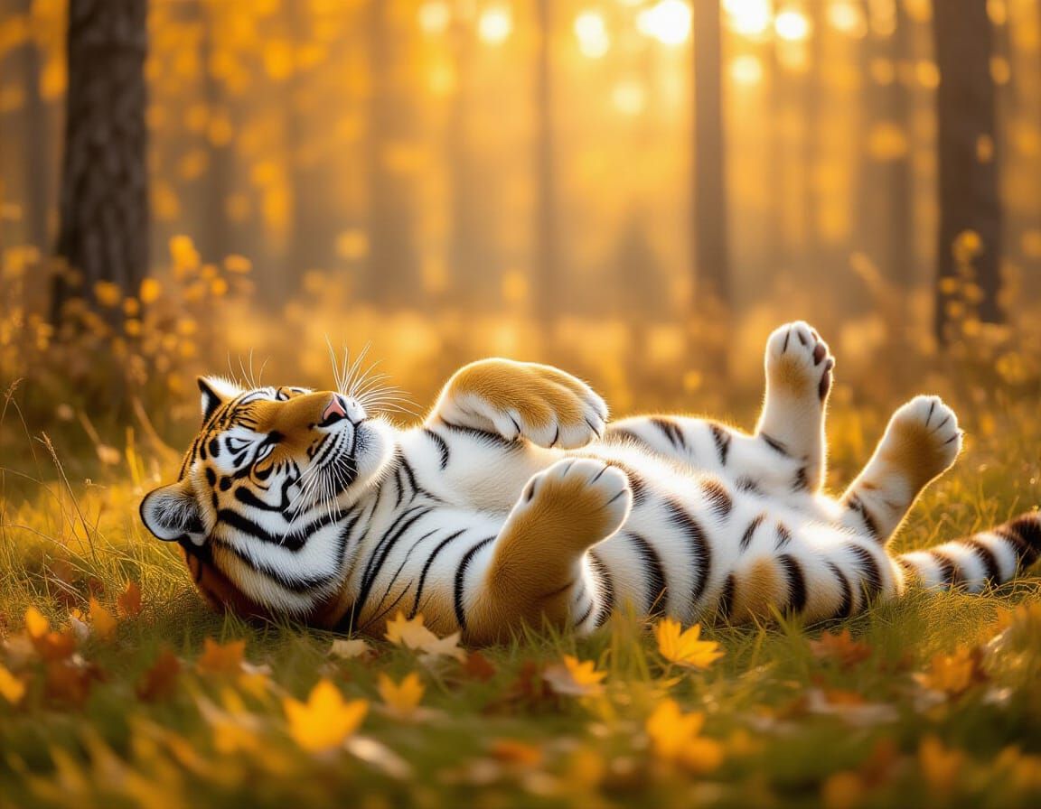 Amur Tiger Relaxing in Autumn Forest Sunlight