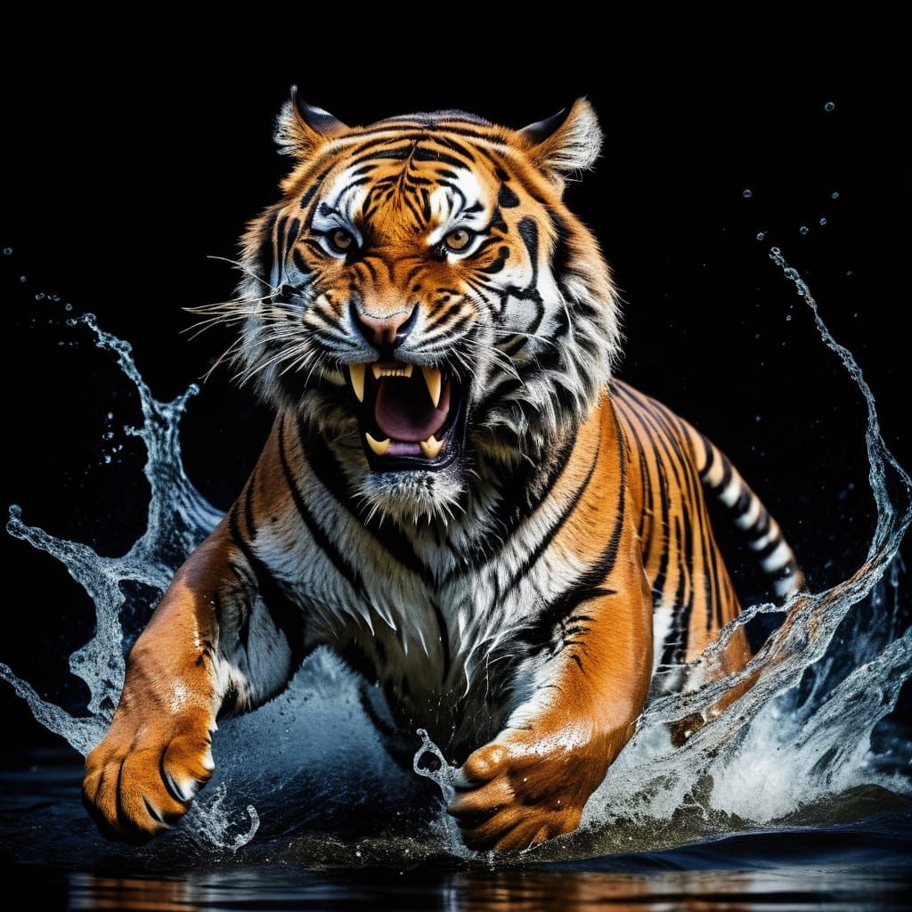 Tiger Leaps From Water with Dramatic Lighting