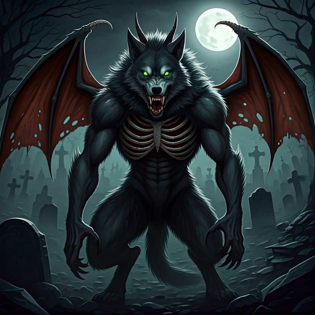 Terrifying Winged Werewolf in Graveyard, Gothic Manga Style