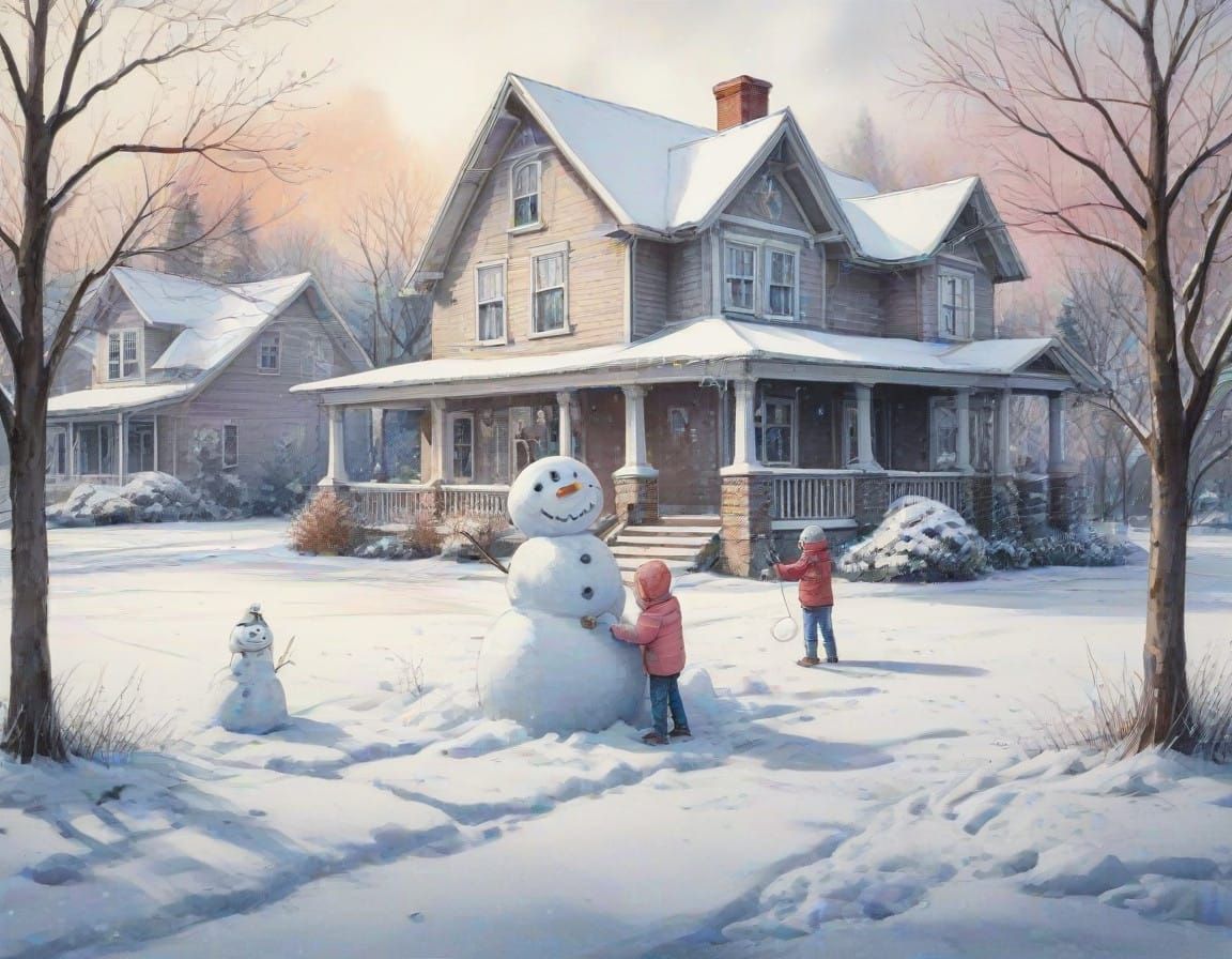 Winter Wonderland Snowman Scene in Vibrant Pastel Colors