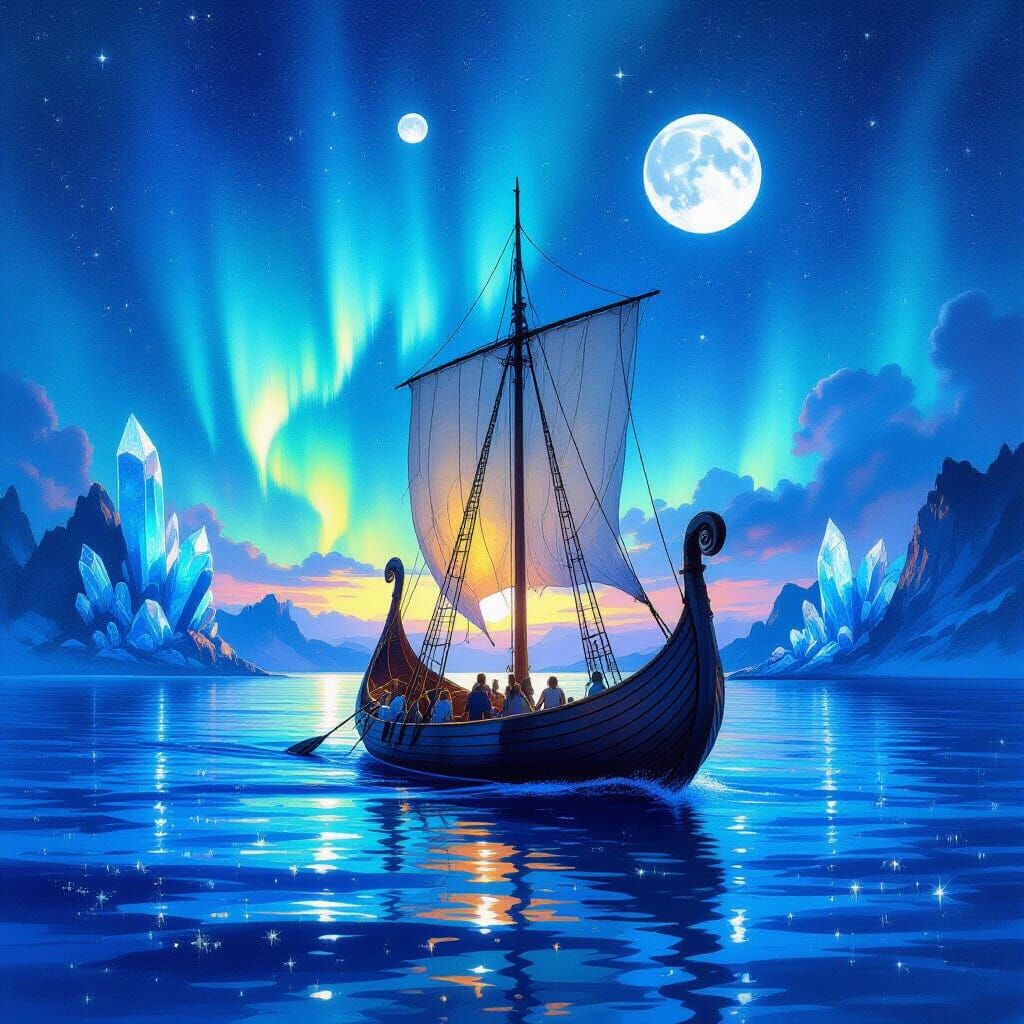 Viking Longship on Bioluminescent Ocean Under Twin Moons
