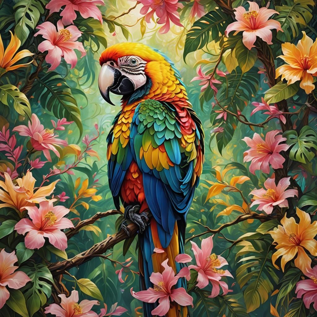 Macaw in Fantasy Oil Painting With Fractal Details