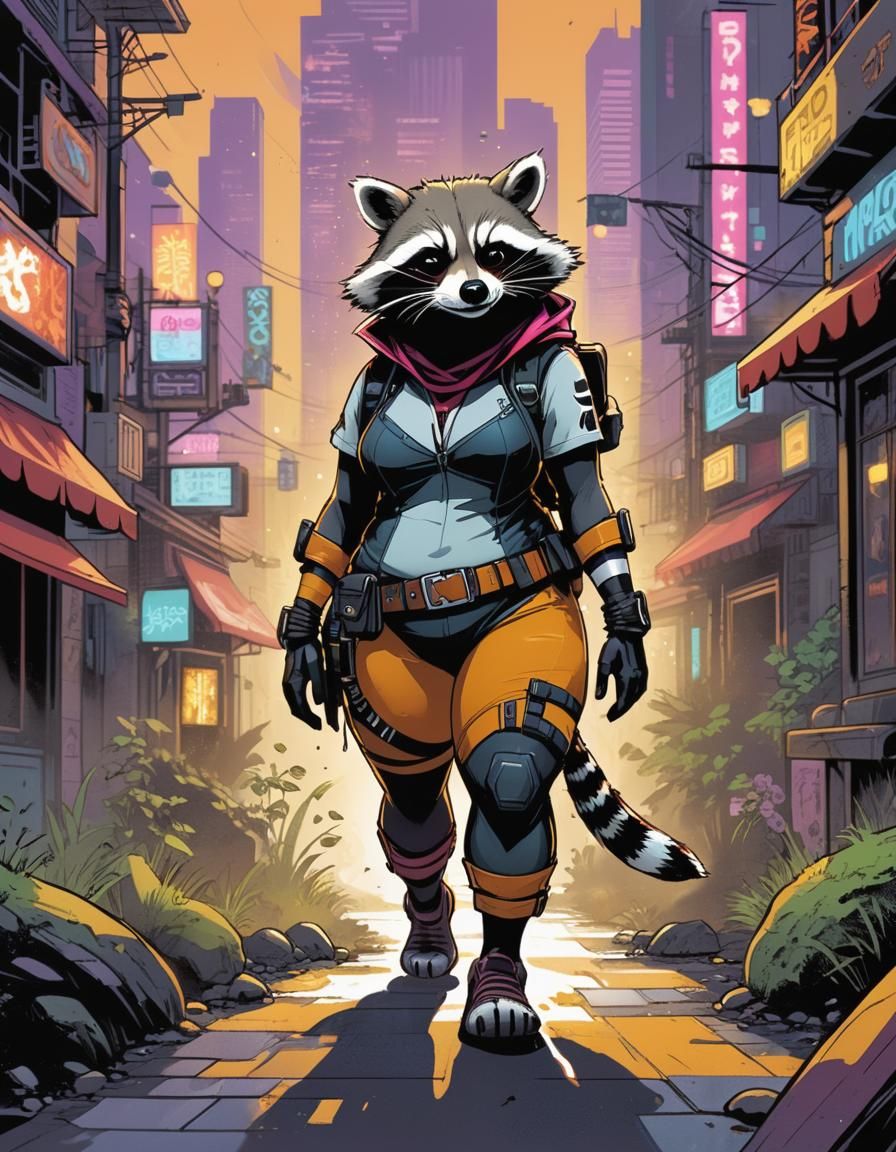 Emo raccoon woman wearing a tool belt