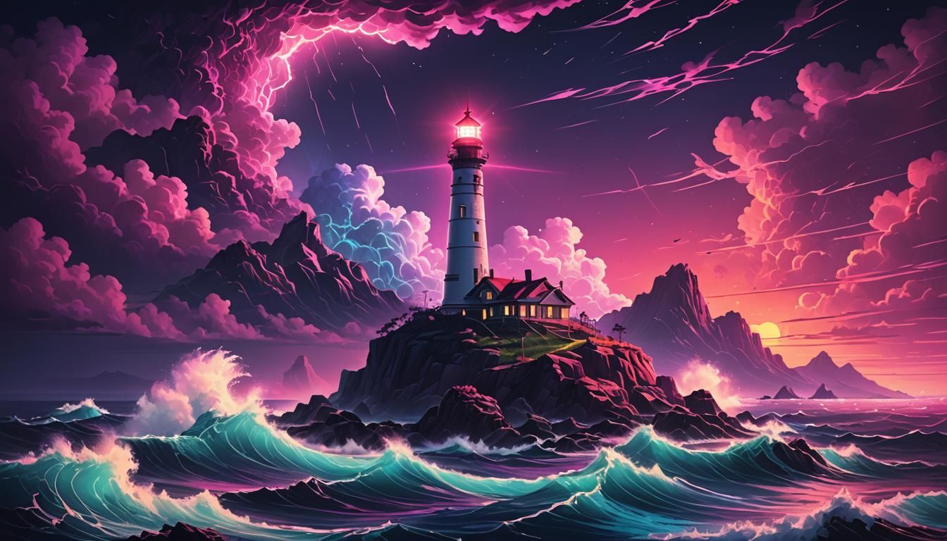 Synthwave Lighthouse on Stormy Island at Night