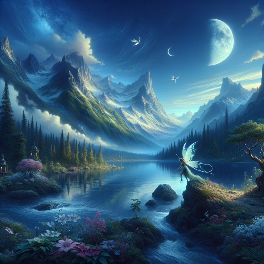 Fantasy Fairy Playing by a Lake at Night