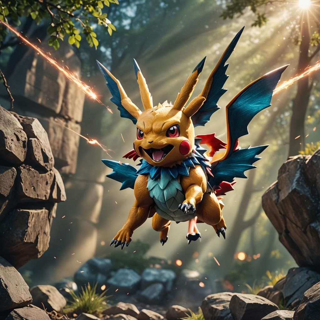 Dramatic Pokémon Mid-Air Battle in Macro Photography