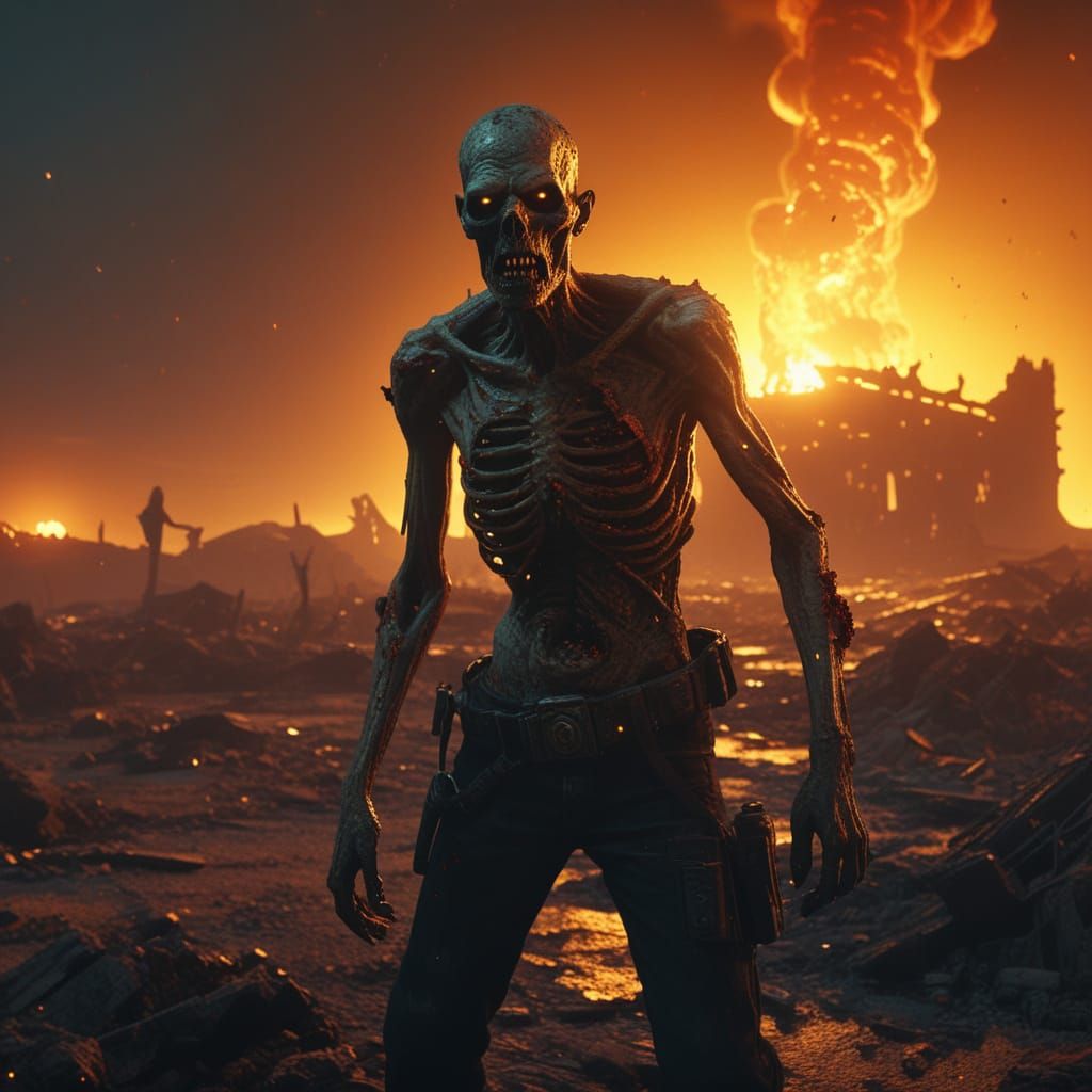 Surreal Zombie in a Desolate, Glowing Apocalypse