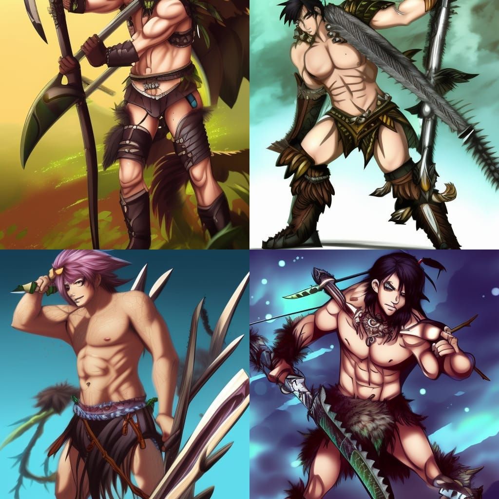 Jaguar Barbarian with Pike in Anime Style