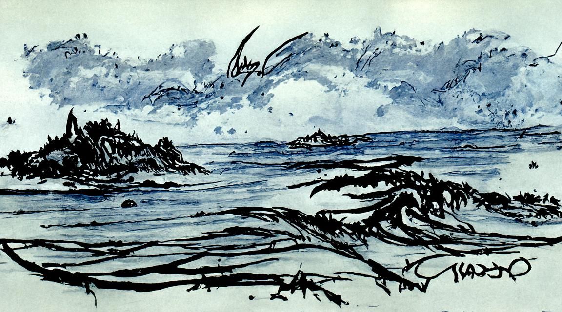 Ocean Landscape Ink Sketch in Comic Book Style