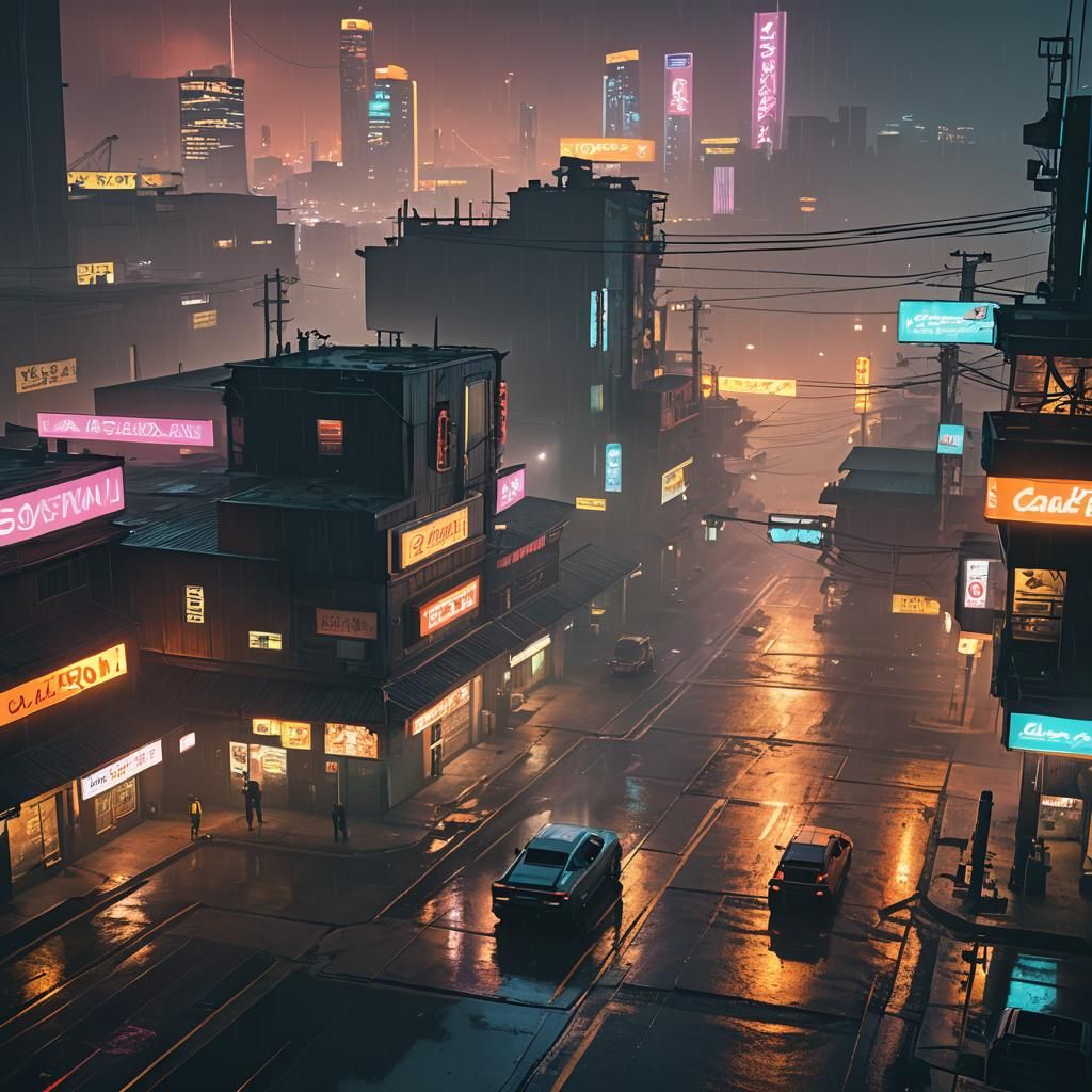 Cyberpunk Cityscape at Night: Neon and Fog