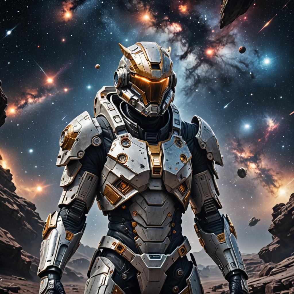 Galactic Traveler in Stellar Armor: Hyperrealistic HDR Image