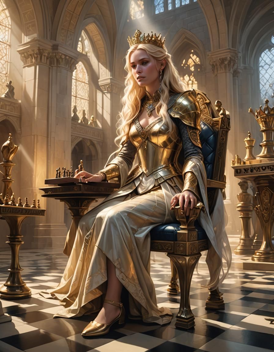 Fantasy Queen Plays Chess in Art Deco Vault