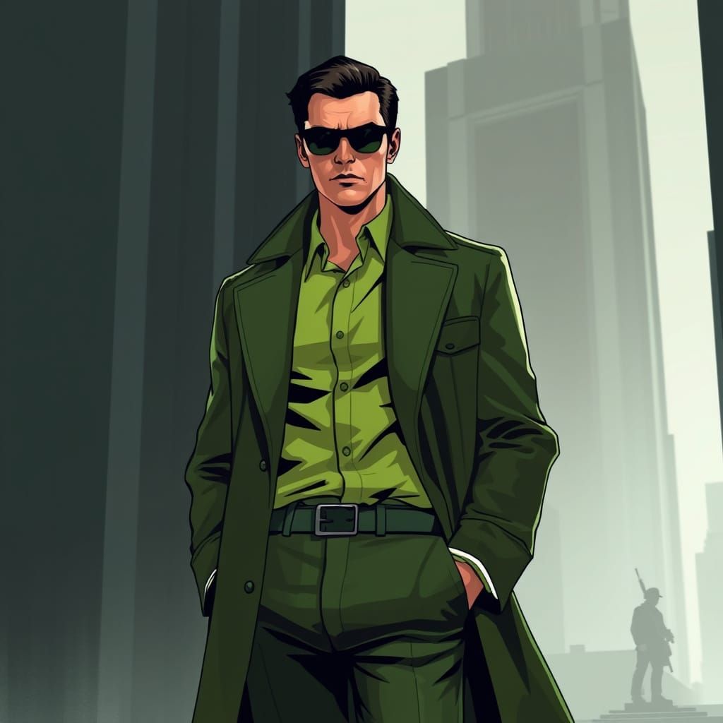 Suave Spy in Futuristic Urban Setting, Clad in Sleek Green E...