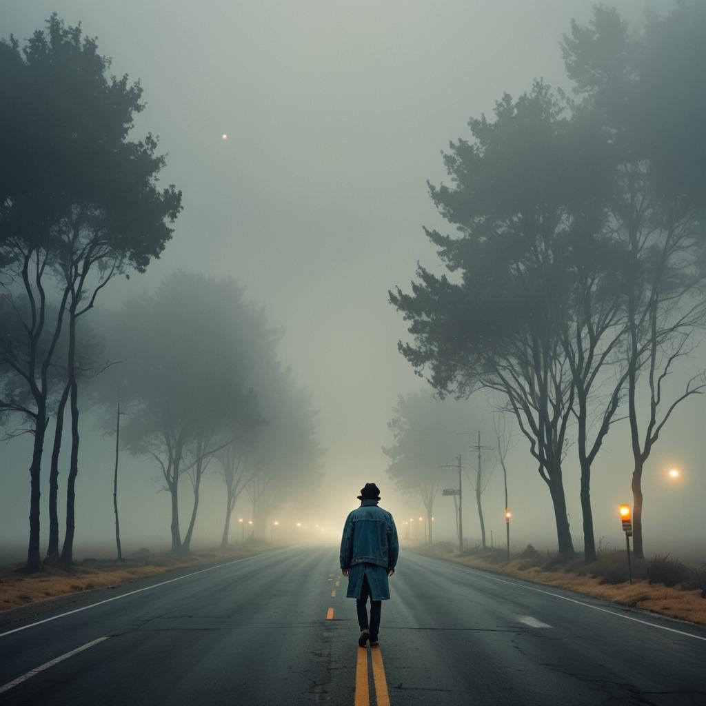 Eerie Surrealism: Lone Figure on Foggy Highway