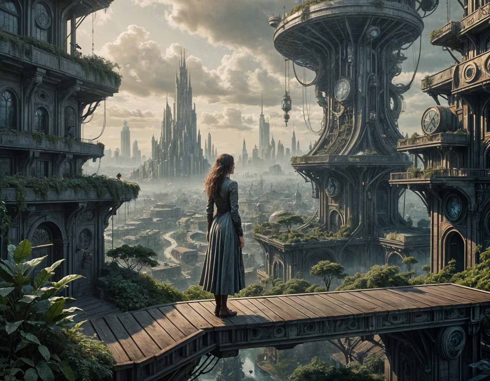 Woman Gazes at Overgrown Futuristic Cityscape in Matte Paint...