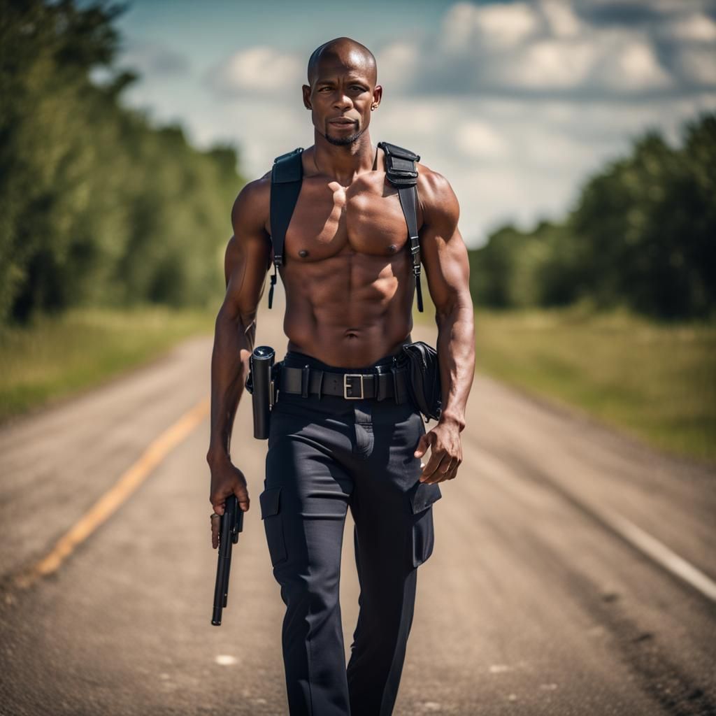 Handsome Policeman Walks on Country Road: Professional Photo