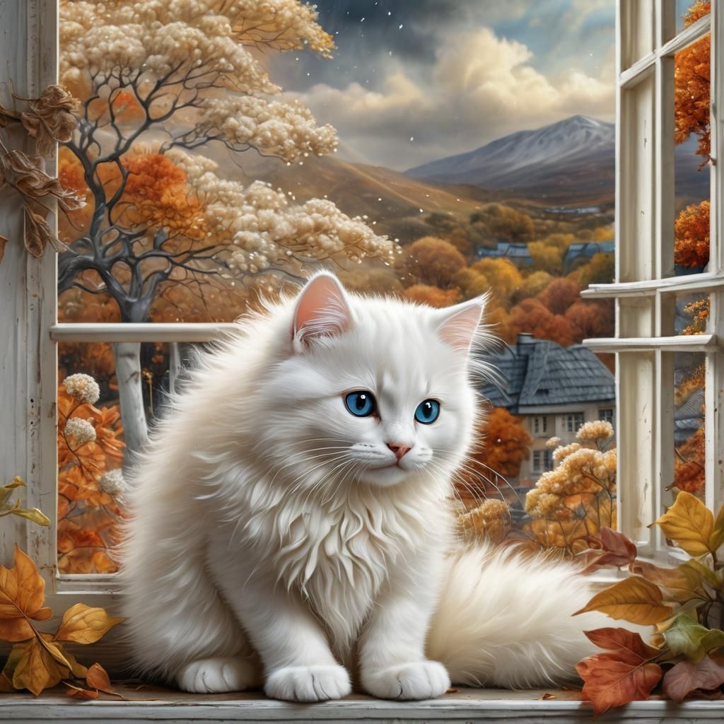 Fluffy Kitten Gazing at Autumn Storm, Zentangle Style