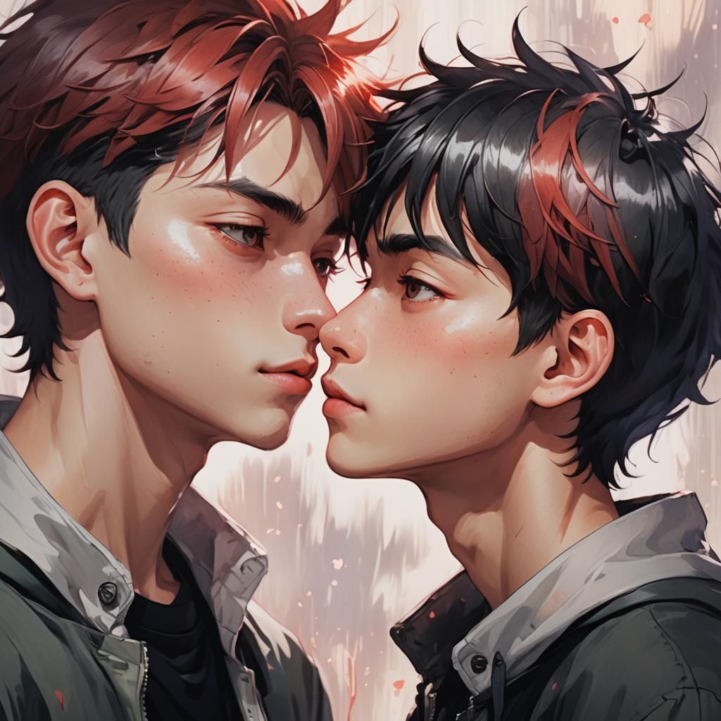 Romantic Anime Kiss: Pastel Portrait of Two Boys
