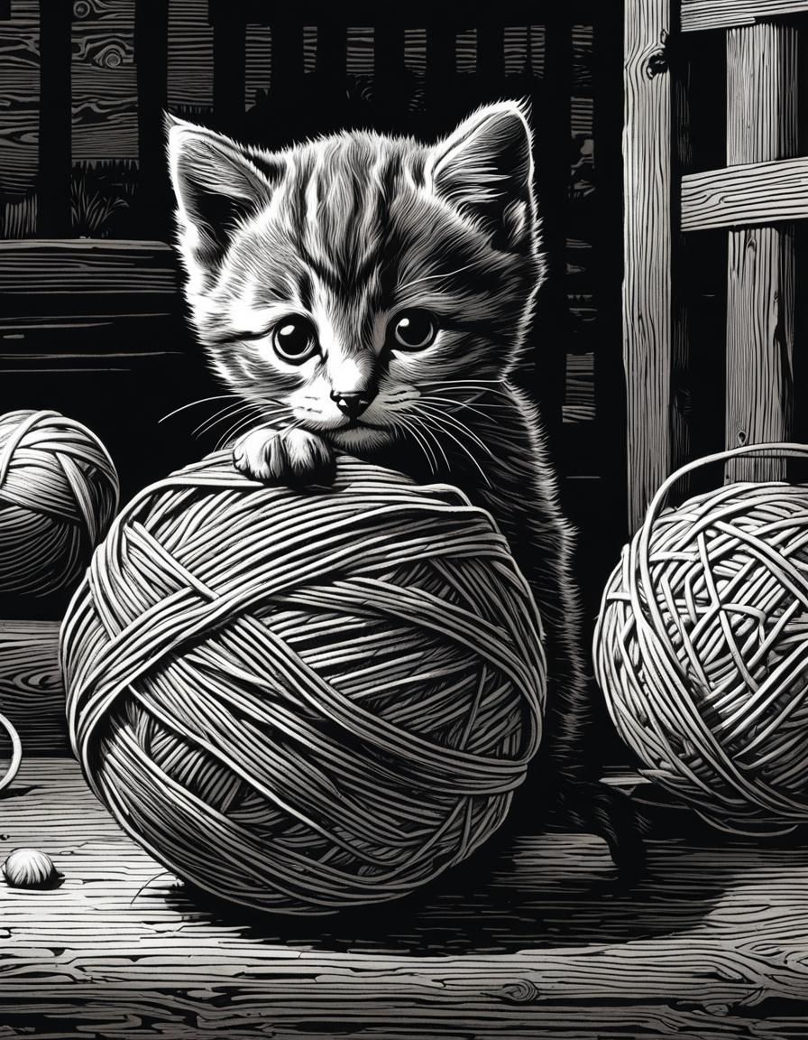 Line art :: Wood cut :: high contrast scratchboard :: A kitten playing with a ball of yarn