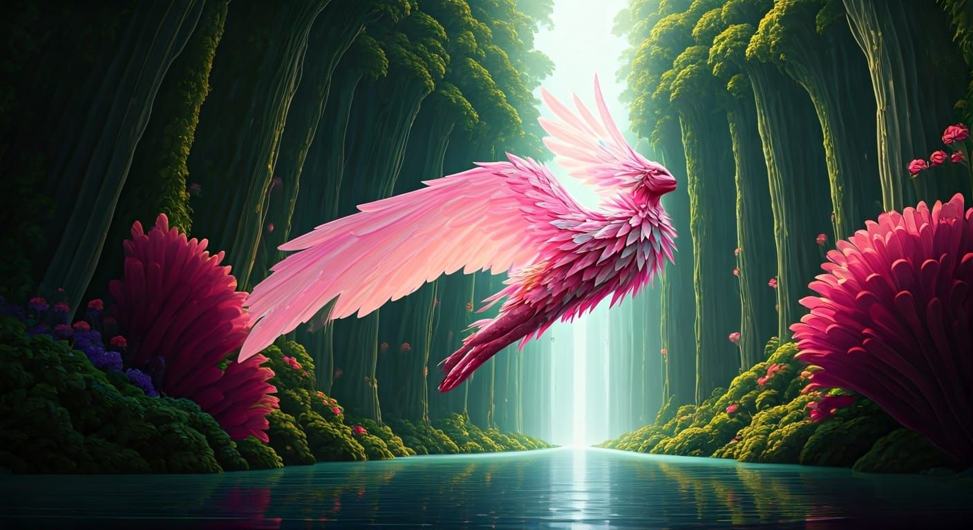 Pink Creature Soaring Through Paradise: Digital Art