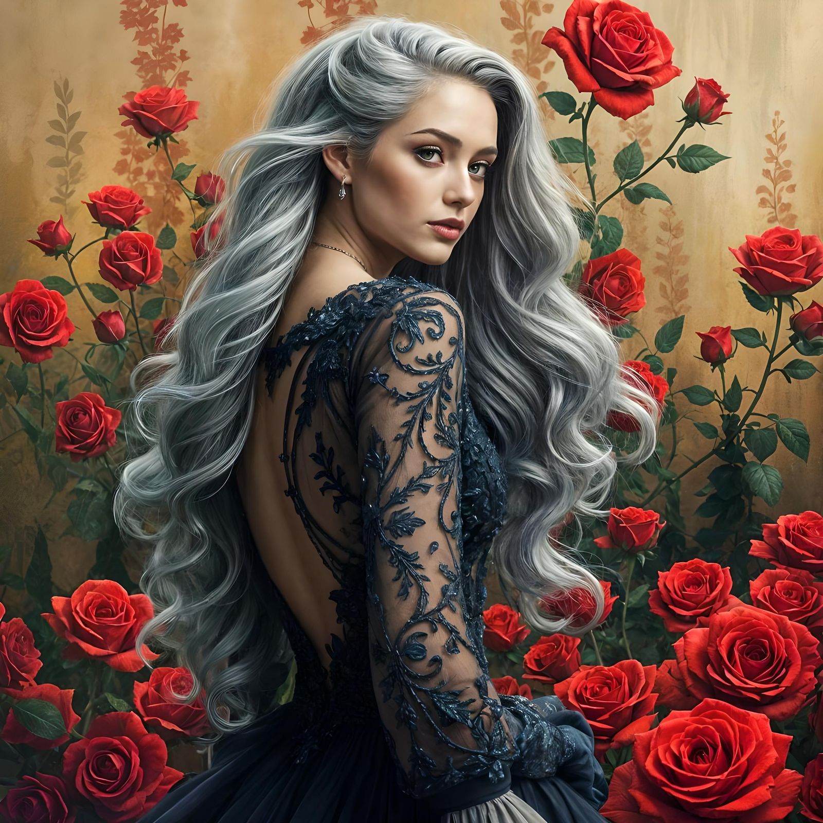 Woman in Roses Field as Impasto Painting