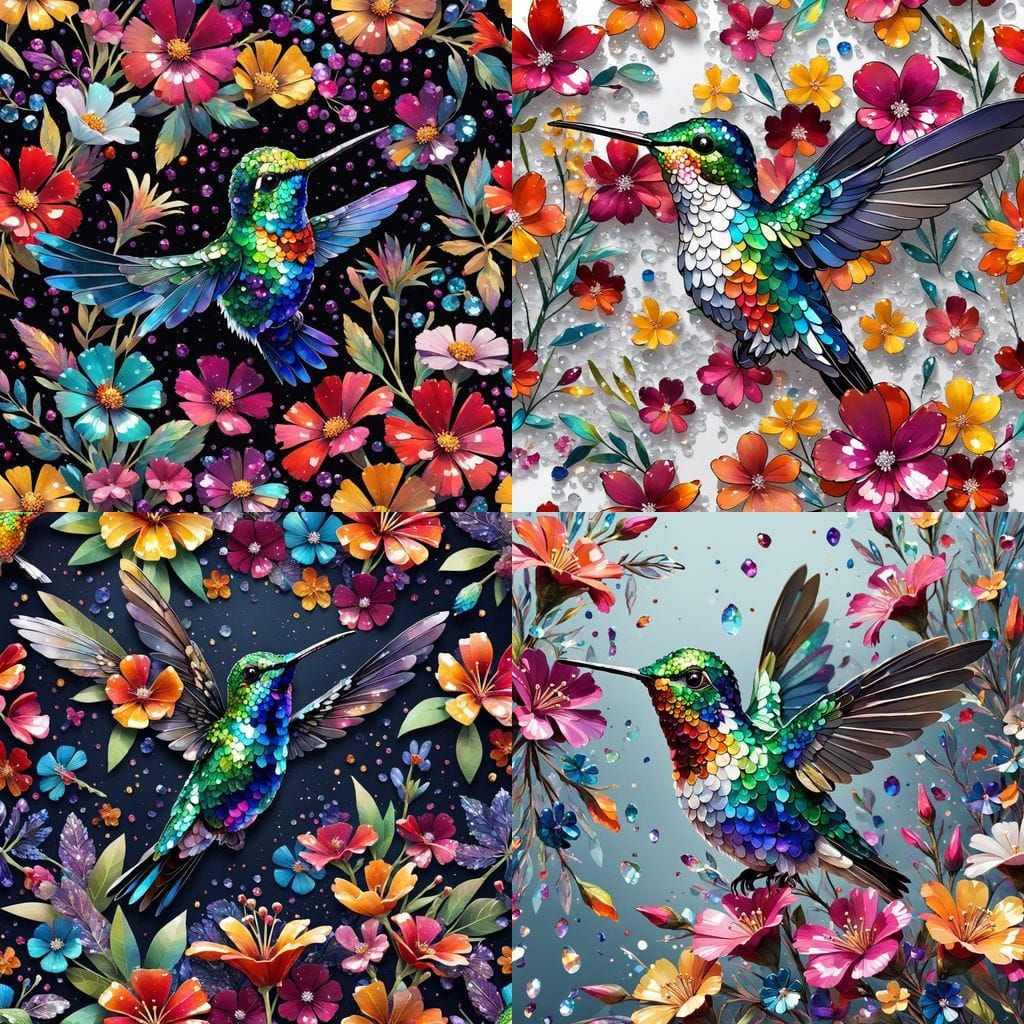A hummingbird and fliwers in Crystallized multicolored sequins